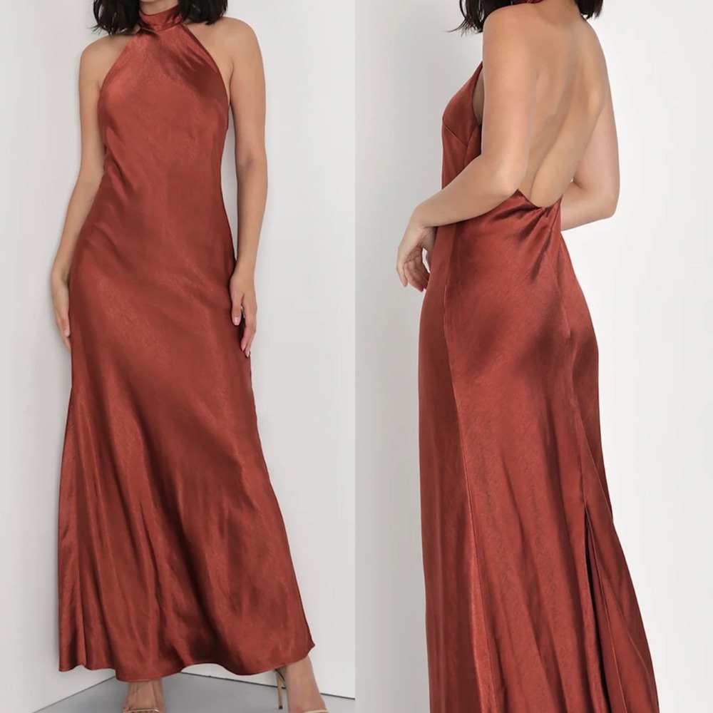NWT Lulus Size XS Love in Your Life Rust‎ Brown Satin Halter Maxi Dress Formal